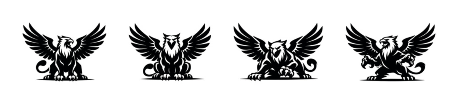 Set of four black griffin emblems with spread wings and powerful stances