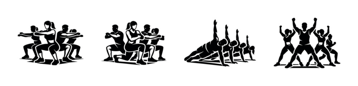 Diverse group of people performing various fitness exercises together