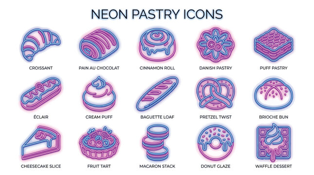 Collection of Neon Pastry Icons with Labels on White Background.