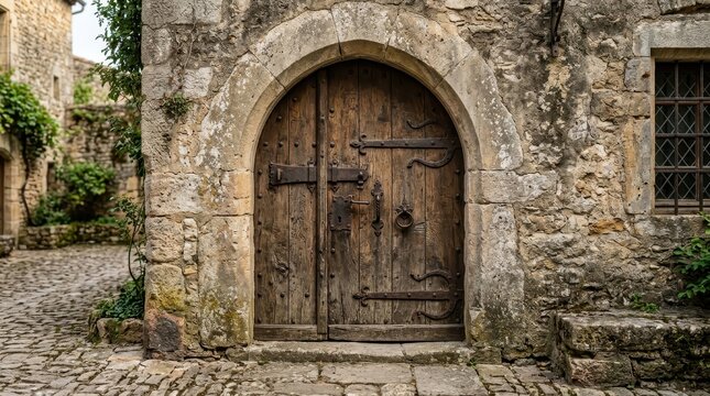 Ancient wooden castle door set in weathered stone archway with cobblestone path
