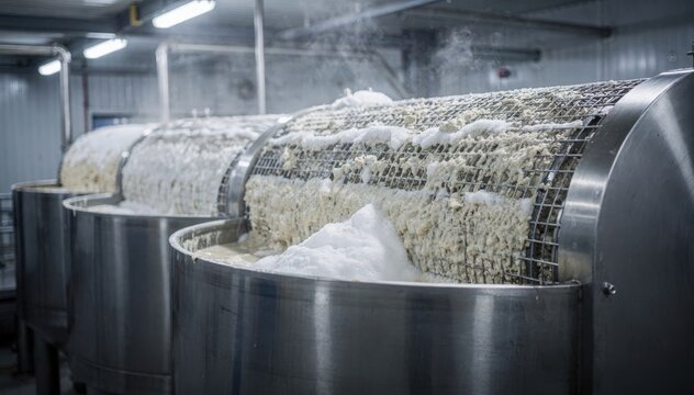 Medium shot of stainless steel pulp washing tanks filtering fibers through metal screens highlighting clean smooth foam forming on the liquid surface.