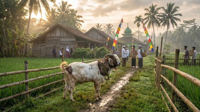 Sacrificial Goat in Indonesian Village for Eid al-Adha Celebration