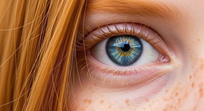 Detailed macro shot of vibrant ginger hair strands and bright blue eyes focusing on natural freckles and clear iris texture in daylight, glowing, sight, iris