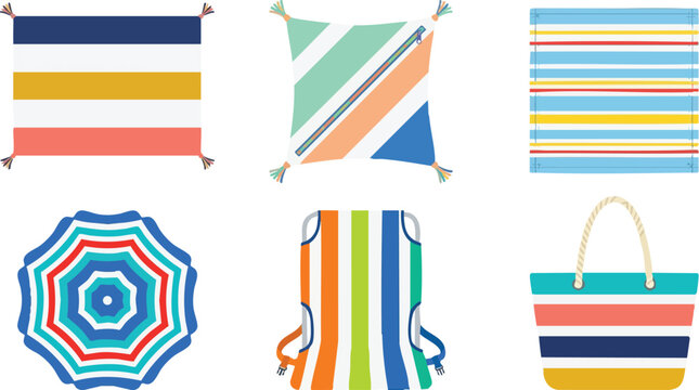 Colorful striped beach umbrella chair pillows and bag flat vector art