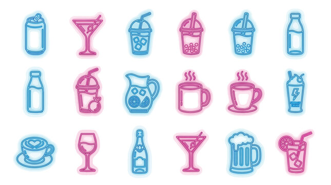 Collection of colorful neon drink icons representing various beverages like coffee, cocktails, and juices.