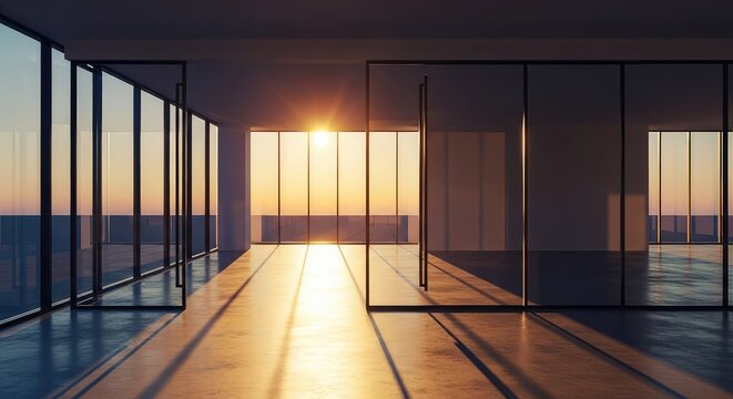 Ein minimalistisches, leeres Designzimmer mit gro&szlig;en Glasfronten, durch die das warme Licht der Abendsonne lange, goldene Schatten wirft, stilvoll, zimmer, loft
