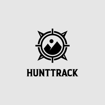 A compass logo with mountains and a sun icon inside, symbolizing direction and adventure, accompanied by the text HUNTTRACK