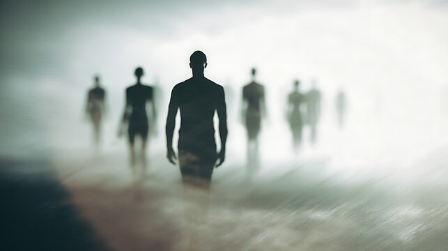 Silhouettes of people walk through a luminous, misty fog, creating an ethereal and ambiguous scene with a strong sense of journey and mystery