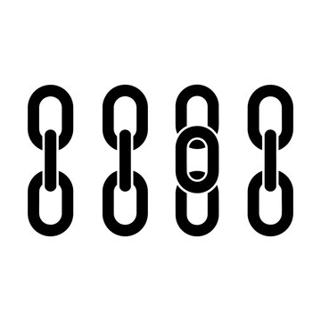 A set of black chain links on a white background with one link broken and separated from the others, symbolizing disconnection and isolation.