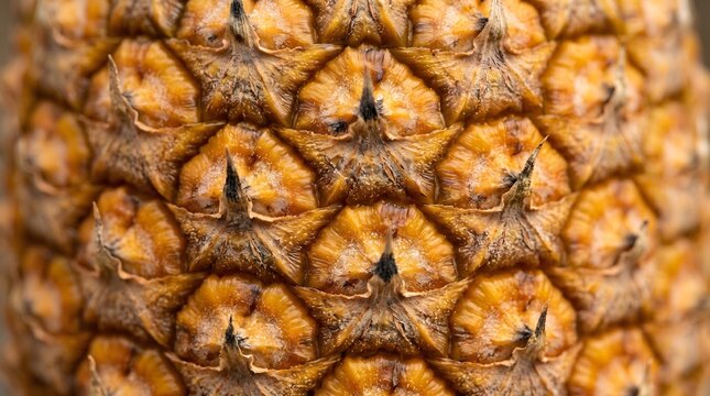 Close-up texture of a ripe pineapple skin, showing intricate patterns and sharp details
