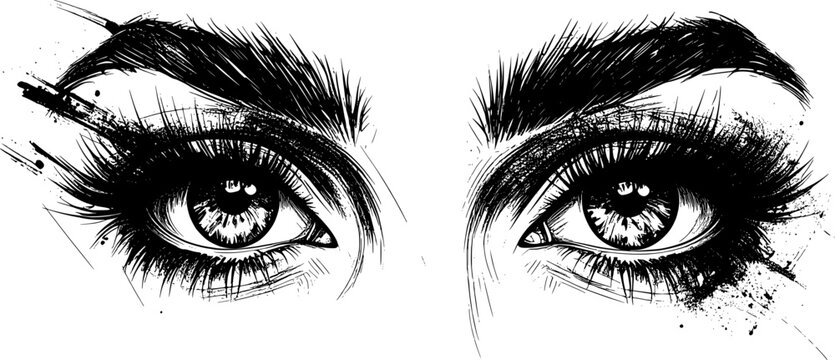black ink sketch of human eyes with various detailed iris patterns and expressive strokes
