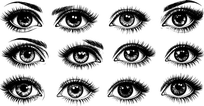 black ink sketch of human eyes with various detailed iris patterns and expressive strokes

