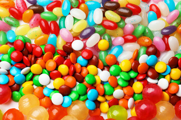 Fototapeta premium Delicious colorful candies on white background, flat lay