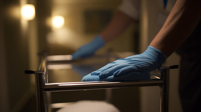 Medical Professional Hands in Blue Protective Gloves Push Stainless Steel Cart in Hospital Corridor, Blurry Background, Gloved Hands on Hospital Equipment