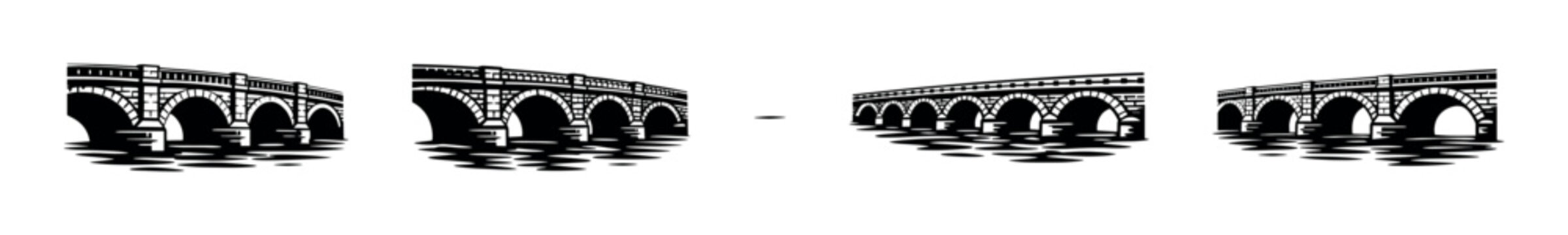 Classic stone arch bridge design with water reflections in a black and white illustration