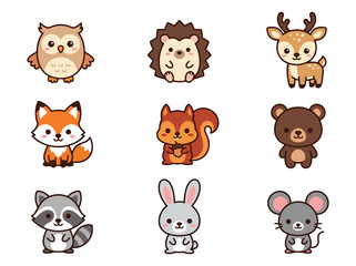 Fototapeta premium Kawaii Woodland Animals Vector Icon Set