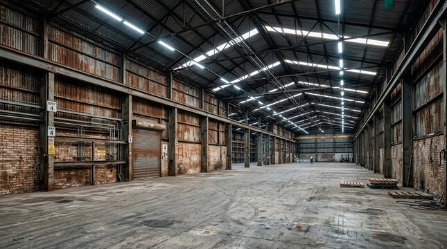 Vast industrial warehouse interior with corrugated metal walls and ceiling lights