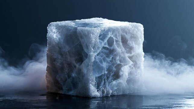 Transparent Ice Cube with Frosty Surface and Rolling Mist in Moody Blue Light