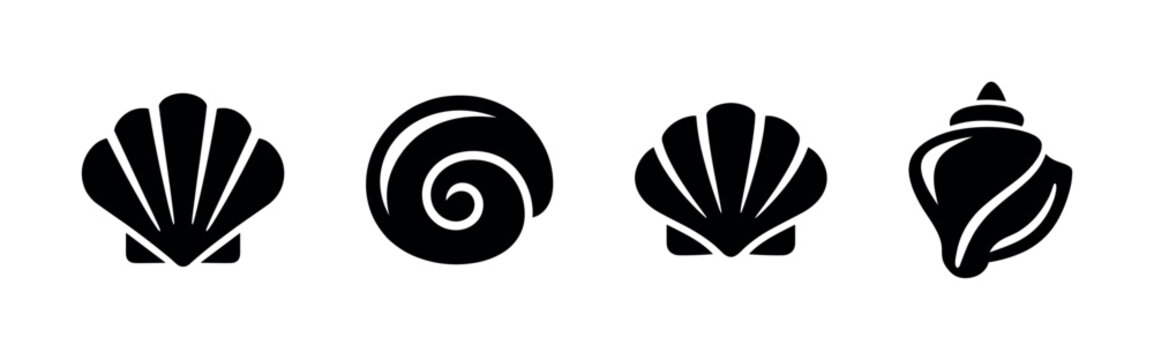 Collection of four distinct black seashell icons on a white background