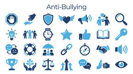 Fototapeta premium Anti Bullying Icons Set representing support, safety, unity, and awareness against harassment in schools and online digital concept