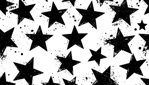 grunge black stars set, textured hand drawn star icons with rough paint splatter effect
