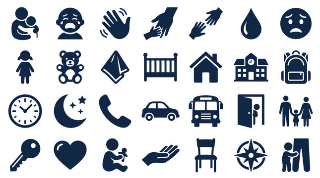 Collection of Icons representing family care childhood education safety and community support services symbols in blue monochrome isolated on white