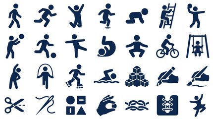 Fototapeta premium Collection of diverse activity icons representing childhood and adult recreation fitness and creative pursuits on a white background