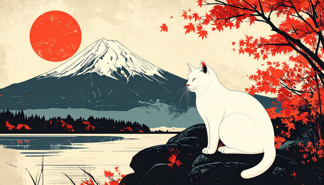 White cat in ukiyo-e style with traditional Mount Fuji background