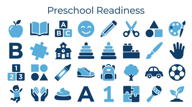 Preschool Readiness Icons: Alphabet Numbers Shapes Animals and School Supplies for Early Education and Child Development
