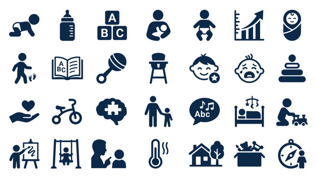 Collection of flat icons representing childhood development learning and baby care symbols for educational and parenting resources