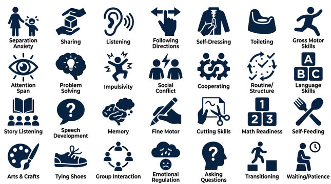 Set of Icons Illustrating Child Development Skills and Milestones for Educational and Therapeutic Purposes