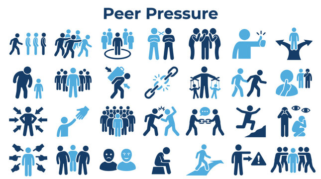 Collection of icons illustrating peer pressure concepts including group influence conformity social pressure and difficult choices in social interactions
