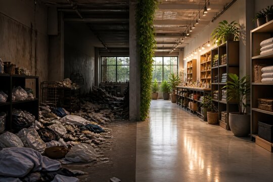 Retail transformation concept in a modern plant shop interior with contrast between storage clutter and styled showroom