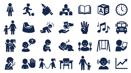Fototapeta premium Collection of kindergarten and preschool icons representing childhood development, education, and daily activities of young children in a playful and diverse manner.