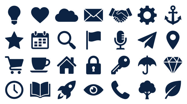 Collection of modern flat icons representing business technology communication and lifestyle elements on a white background