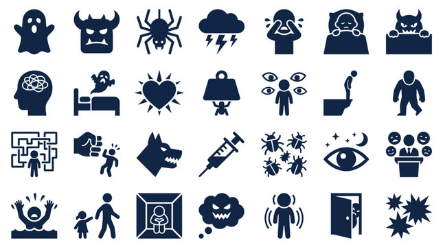 Collection of icons representing fears phobias anxieties and mental health issues including monsters ghosts spiders and stressful situations