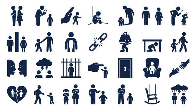 Collection of icons depicting social issues, family problems, and emotional distress, symbolizing challenges and support needs