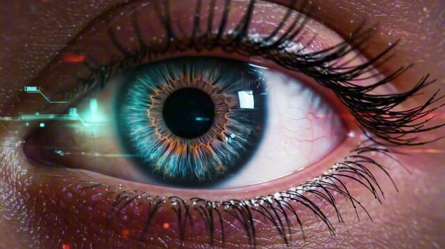 Extreme closeup of a human eye featuring a blue iris with orange accents and long lashes with digitalstyle embellishments