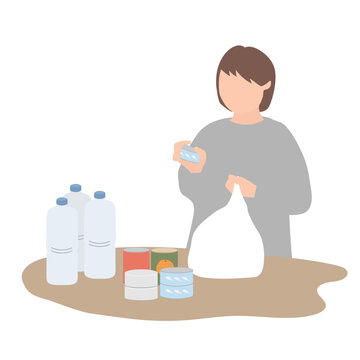 備蓄食料を確認する女性の防災準備イラスト