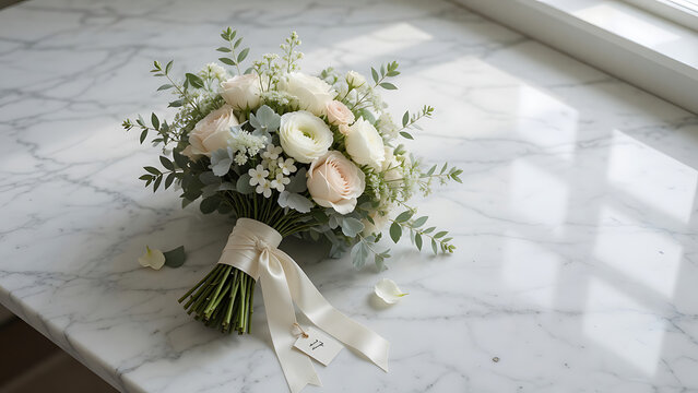 Elegant Wedding Bouquet With Soft Peach And White Roses And Greenery On Marble Surface With Soft Natural Light