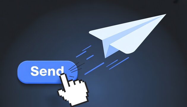 Cursor clicking Send button launching paper airplane, representing digital communication, sending messages, and fast delivery.