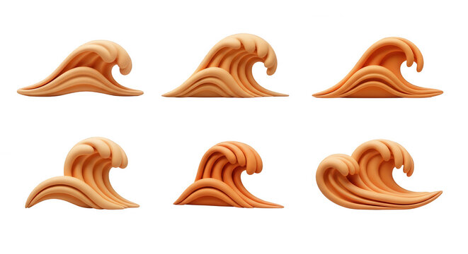 six beige stylized 3d clay rendered ocean waves on a white background suggesting natural elements or design assets for various creative projects