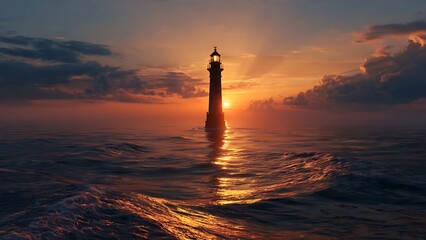 Fototapeta premium Lighthouse standing tall in ocean sunset.