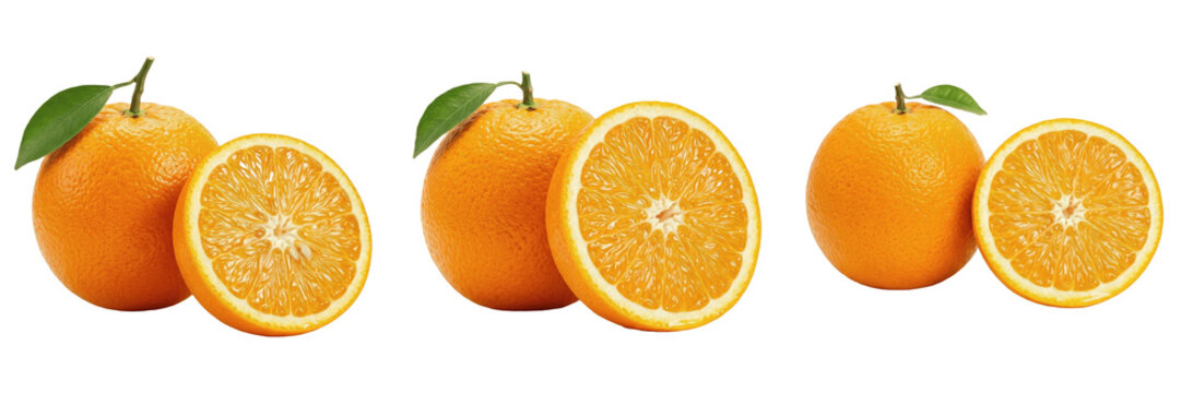 Set and collection of fresh whole and sliced oranges fruit composition isolated on white background