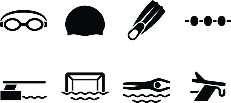 Solid black swimming pool and water sports vector icon set collection
