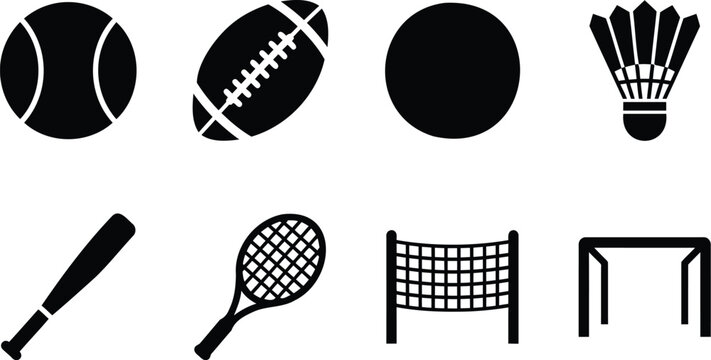Solid black sports equipment vector icon set collection for web UI