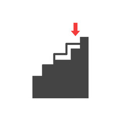 Fototapeta premium Downward red arrow on a staircase, symbolizing decline and negative trend, isolated white background.