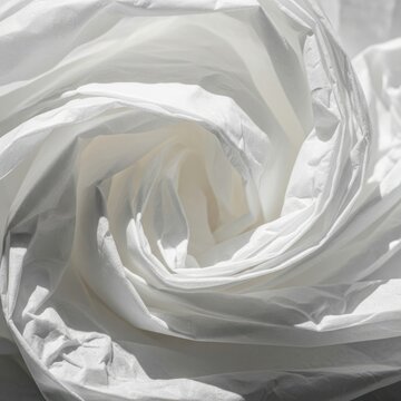 White tissue paper swirling in a rhythmic rose-like pattern with soft-focus luminous lighting for minimalist beauty branding