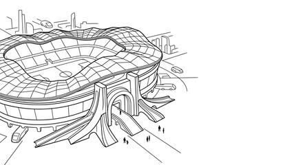 Architectural sketch of a modern stadium with a wavy roof design. © SitiNur AisyahRahman