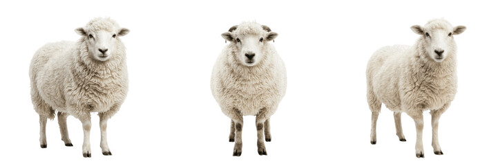 Set and collection of single domestic white sheep standing profile view isolated on white background © amazing